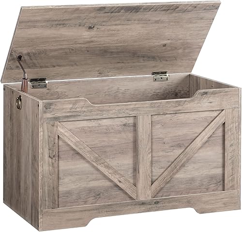 Banco de almacenamiento, baúl de almacenamiento de madera retro de 29.5 pulgadas con tirador recortado en forma de U, bisagra de seguridad, soporta