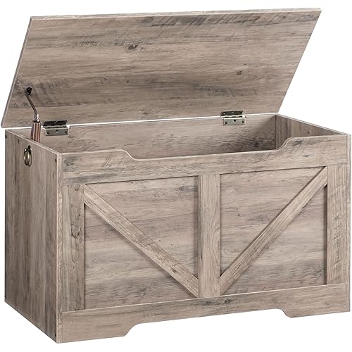 HOOBRO Storage Bench, 29.5” Retro Wooden Storage Chest with U-Shaped Cut-Out Pull, Safety Hinge, Supports 220 lb and Easy Assembly for Toy Box Organizer (Greige) BG77CW01