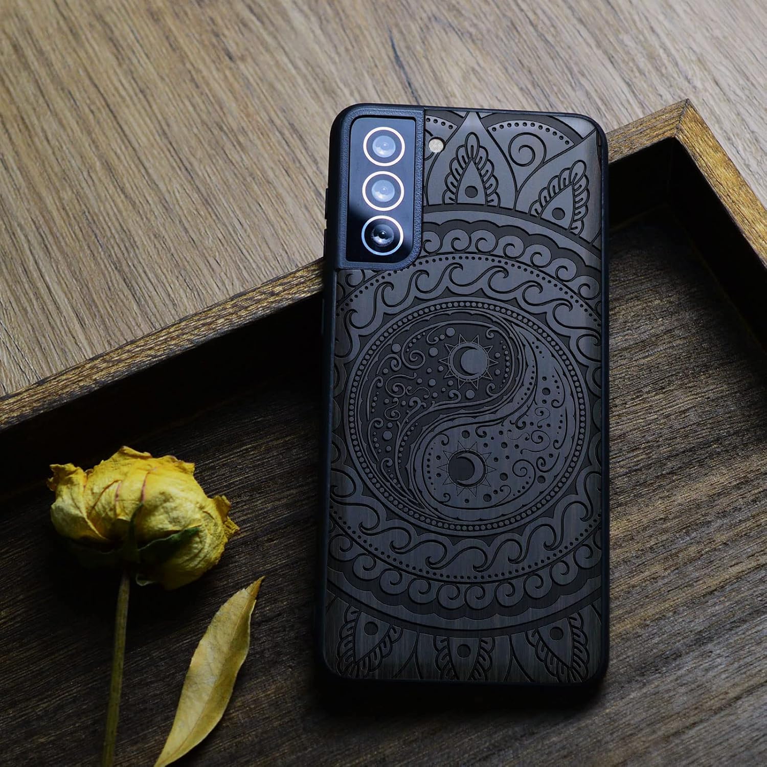 Carveit Wood Case for Galaxy S21 FE Case [Natural Wood & Black Soft TPU] Shockproof Hybrid Protective Unique Wooden Cover Compatible with Samsung S21 FE 5G (Yin Yang Paisley-Blackwood)