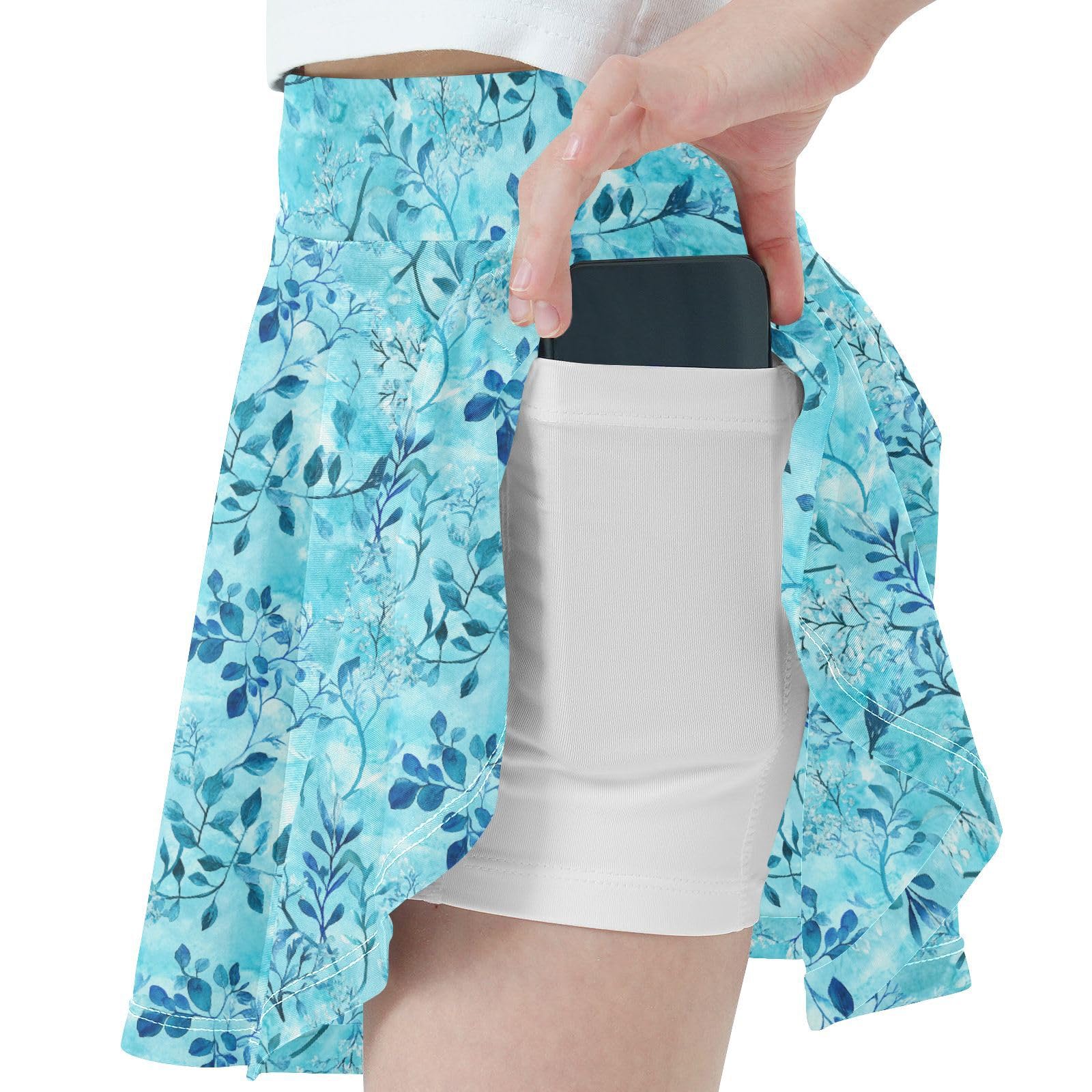 Watercolour Turquoise Flowy Girls Skorts with Built-in Shorts Pleated Skirts for Kids Little Girl SkortWith Pockets