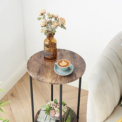 Miniatura 4 de VECELO Mesa auxiliar redonda de 2 niveles con estante de almacenamiento, fácil montaje, mesita de noche, muebles de acento industrial para marco,