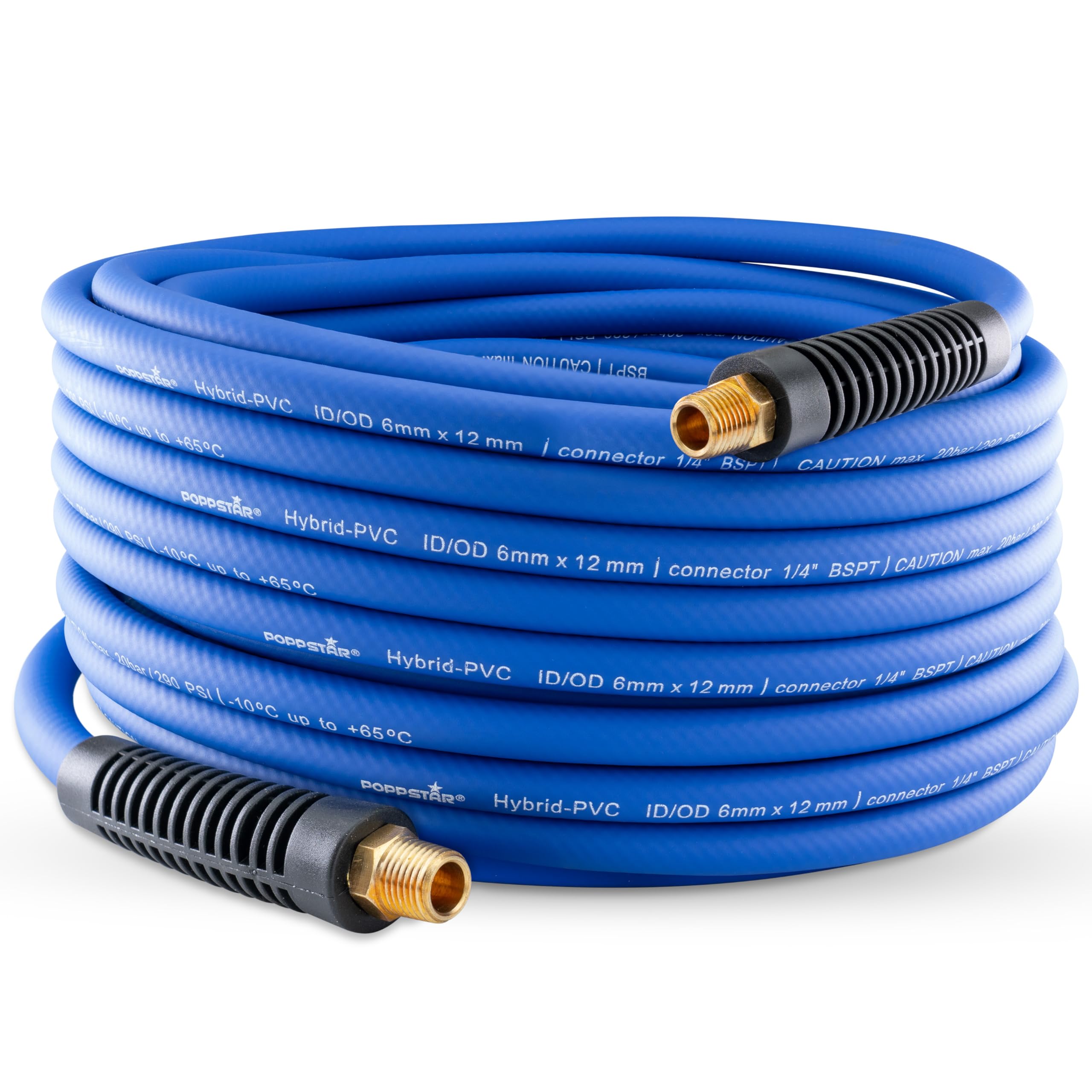 Poppstar PVC Hybrid Air Pressure Hose 10m, ID 6mm, Brass Ferrule 1/4" AG, 20 bar, Blue