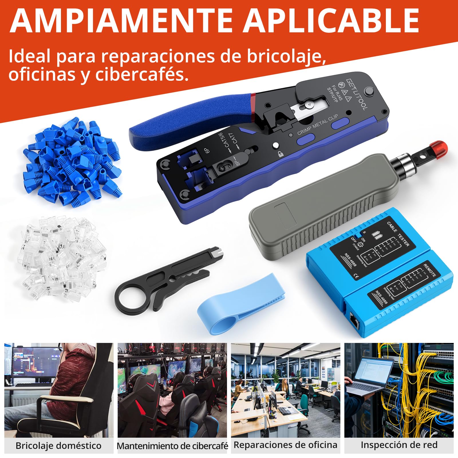 GETLITOOL Crimpadora RJ45 Kit Completo con 60 Conectores Cat6 Dorados Pelacables Probador de Red Herramientas para Crimpar Ethernet Cat5e/Cat6/Cat6a/Cat7