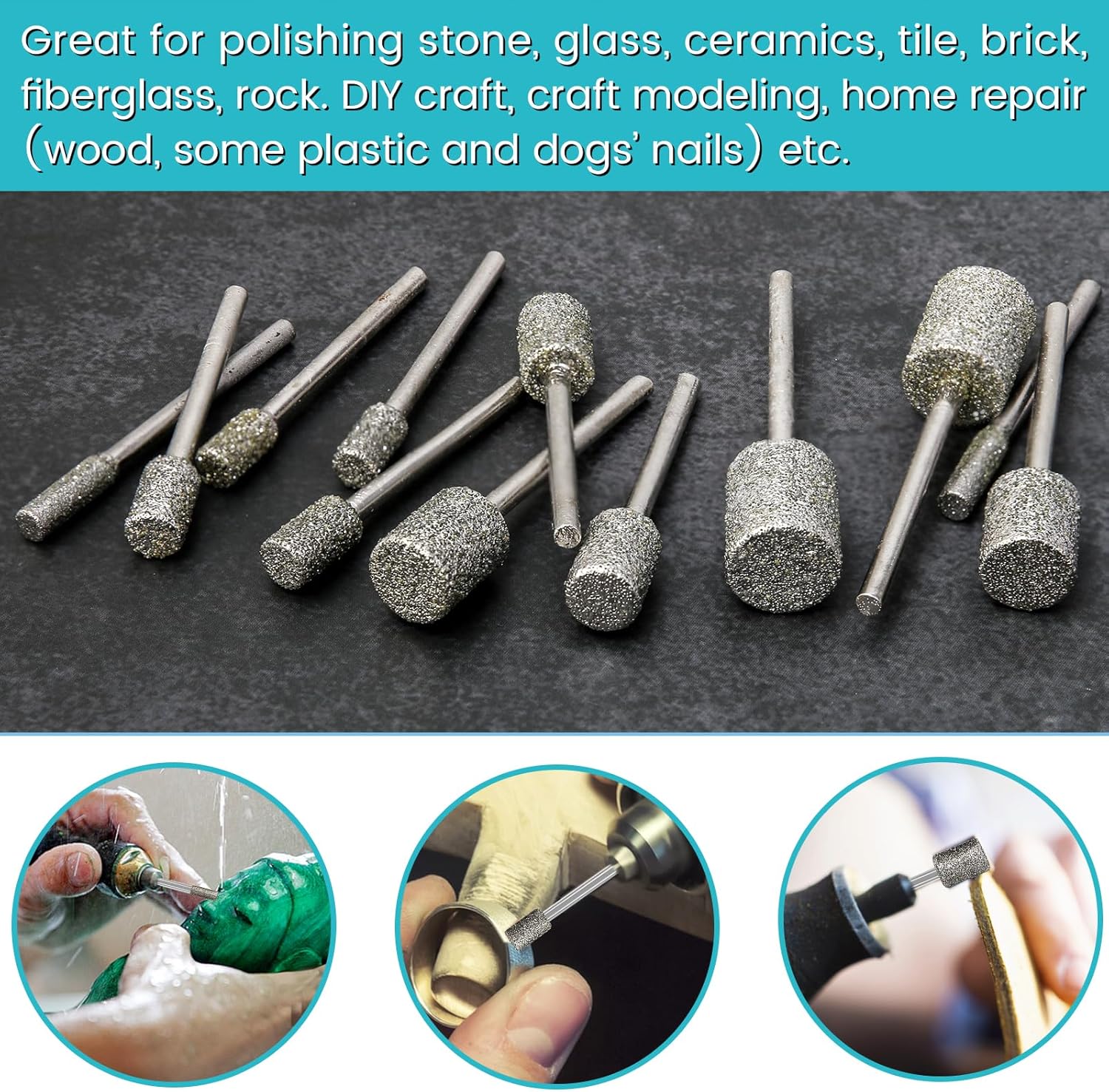 Stone Carving Set Diamond Burr Bits Compatible with Dremel, 46Grit 150Grit 24PCS Polishing Kits Rotary Tools Accessories with 1/8'' Shank for Engraving, Grinding, Stone, Rocks, Jewelry, Ceramics