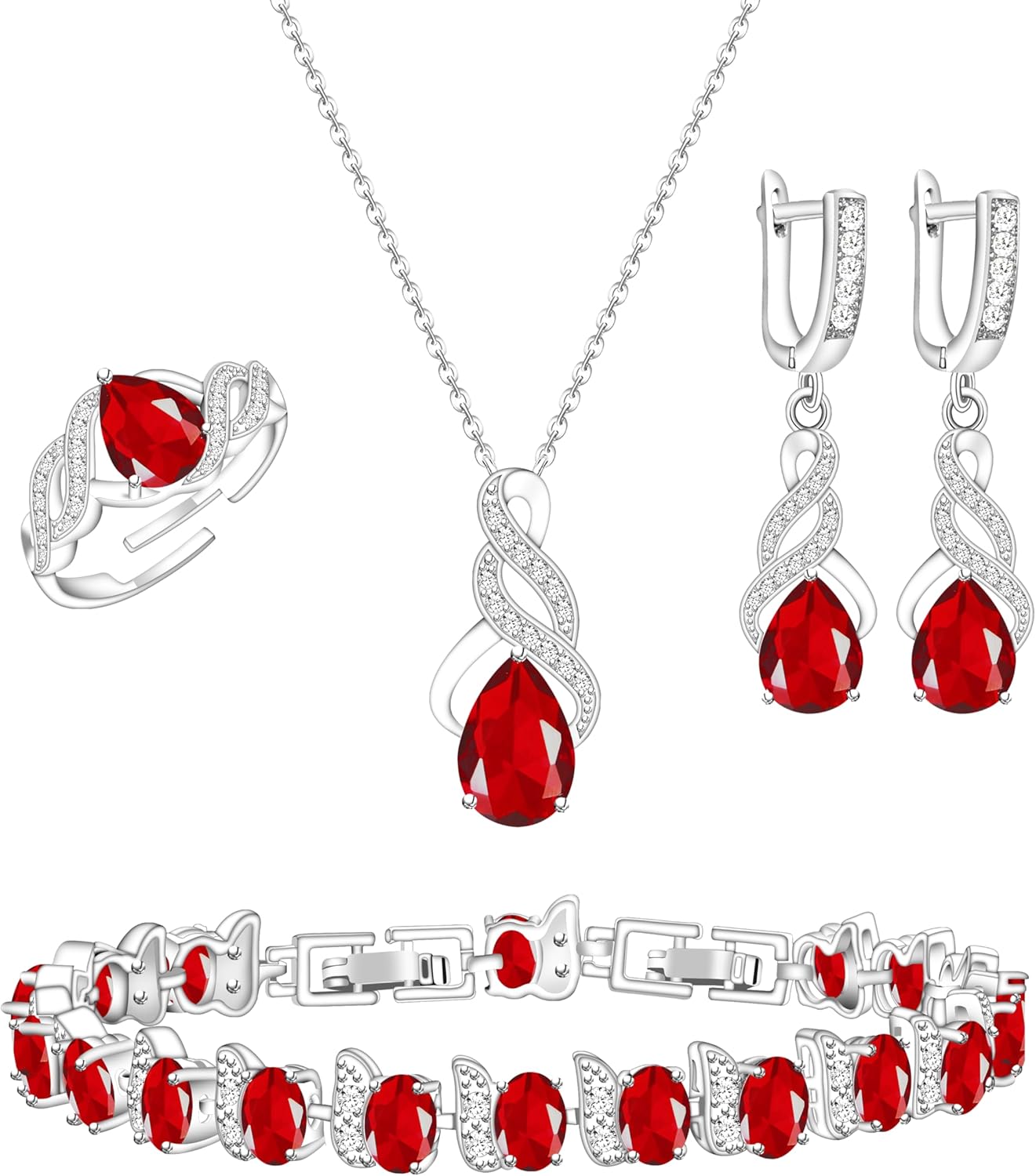 LMXXVJ Jewelry Set for Women,Teardrop Cubic Zirconia Necklace Earrings Adjustable Ring Bracelet Jewelry Set Formal Jewelry Gift