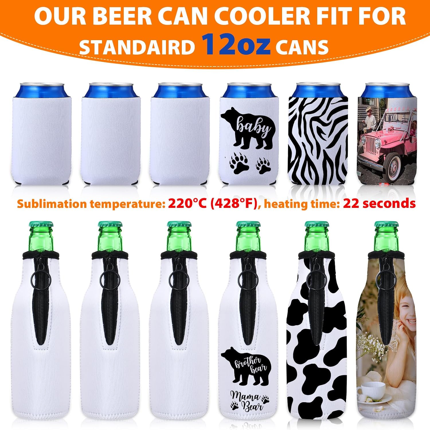 24 Pack Sublimation Blank Beer Bottle Insulator Sleeve Can Cooler Sleeves Cooler Covers with Zip up Bottle Jackets Insulated Soda Can Water Bottles Coolers for DIY Summer Pool Beach Party Favors White