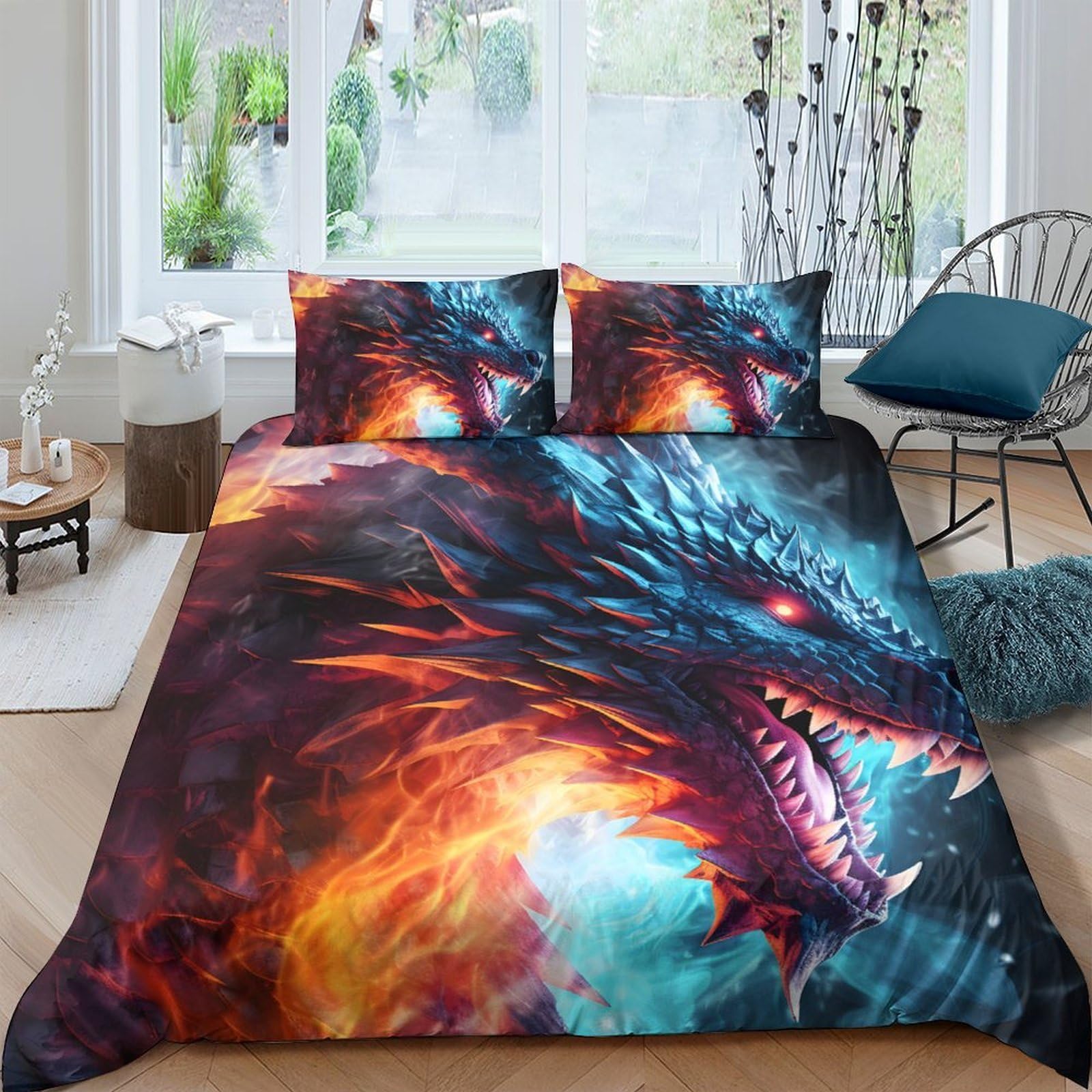Ctjqhvkz Style-9 3D Printed Fiery Dragon Fitted Sheet Microfiber Soft Breathable Blue Flame Bed Cover For Bedroom Decor Mattress Protection Single（135X200cm）