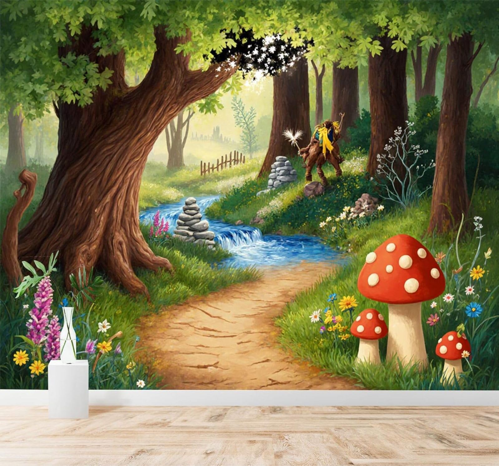 XLMING Forest River Path Mushrooms Wildflowers 3D Wallpaper Silky Texture Home Study Office Grey Dining Room Sofa Bedroom Living Room TV Backdrop-300cm×210cm