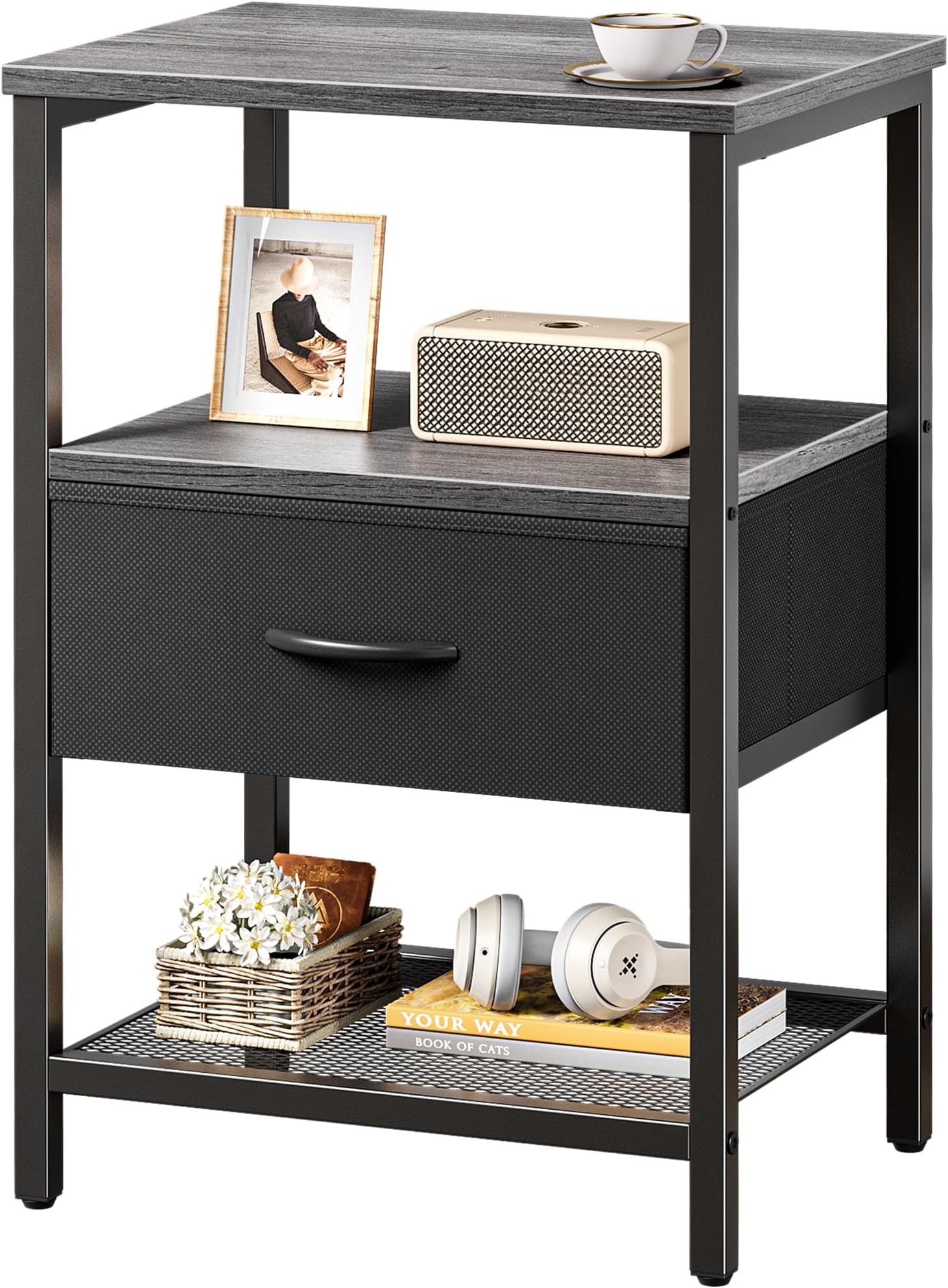 Huuger Night Stand with Fabric Drawer, Side Table with Mesh Shelf, Bedroom Nightstand, Fabric Drawer Dresser, Open Shelf, Metal Frame, Couch Side, Charcoal Gray