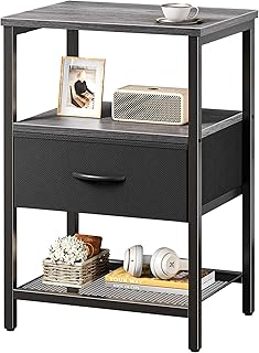 Huuger Night Stand with Fabric Drawer, Side Table with Mesh Shelf, Bedroom Nightstand, Fabric Drawer Dresser, Open Shelf, Metal Frame, Couch Side, Charcoal Gray