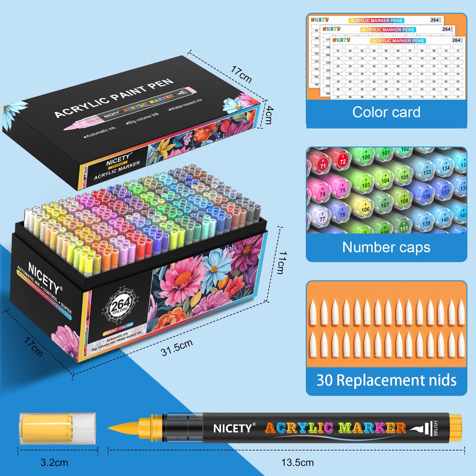 NICETY 264 Pen Acrilici Punta Pennello - Marcatori Base Acqua per Vetro Ceramica Legno Pietra - Non Tossici - Kit per Artisti e DIY