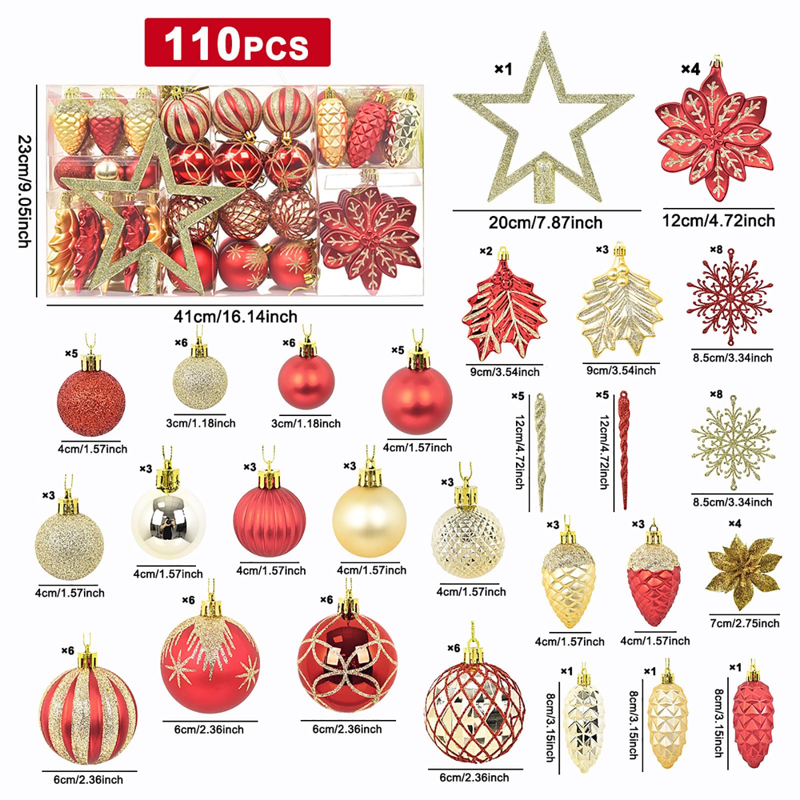 110Pcs Boule d'arbre de Noël,Boules en Plastique Incassables pour Décorations,Peint Boules Noel avec Lanières pour Noël Trees Thanksgiving Decorations Intérieures ou Extérieures