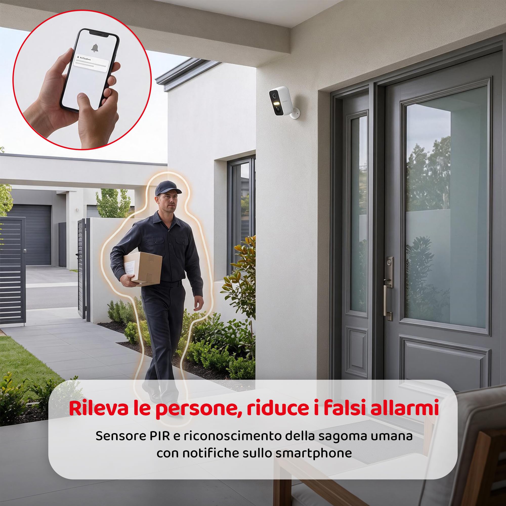 IRRADIO | Telecamera WiFi da Esterno e Interno a Batteria, 3MP, Telecamera di Sicurezza Smart WiFi con Sensore PIR e AI Rilevamento Umano, Visione Notturna, Compatibile Alexa e Google Home