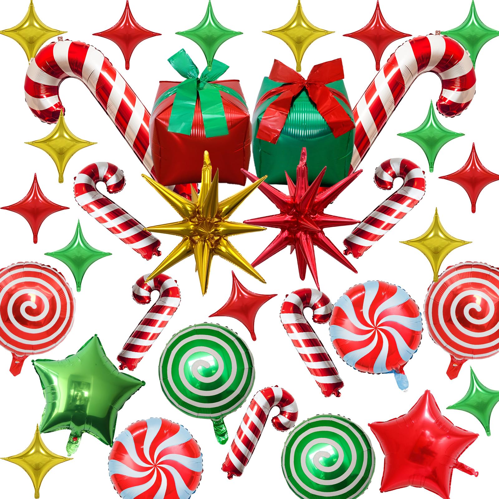 34 Pcs Christmas Foil Balloons Set, Christmas Round Swirl Candy Cane Gift Box and Explosion Star Mylar Balloons, Red Green Gold Xmas Party Decorations for New Year Holiday Theme Party Decor Supplies