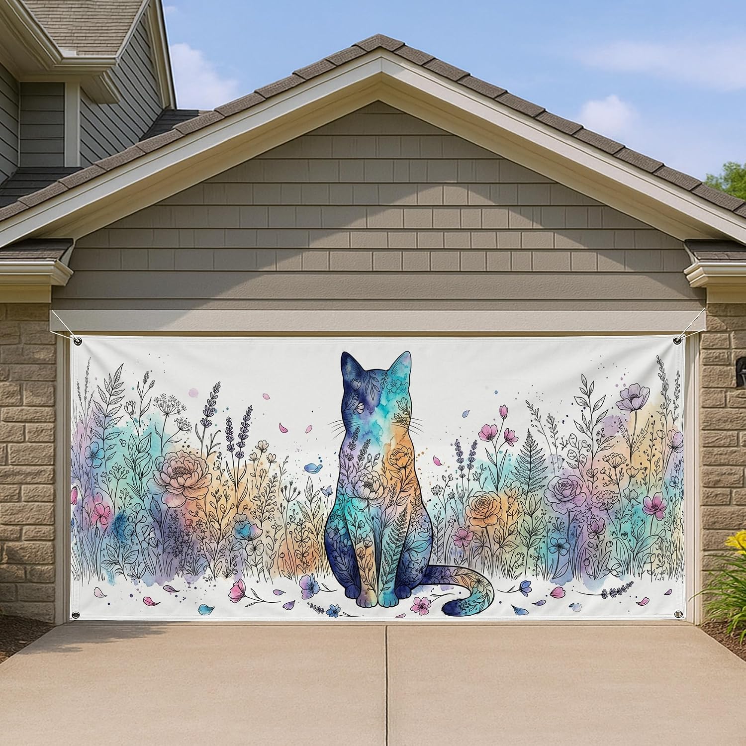 Cat Floral Garage Door Cover, Colorful Watercolor Animal Art Outdoor Decorations, Spring Summer Home Decor, Garden Party Background 157x71 Inch