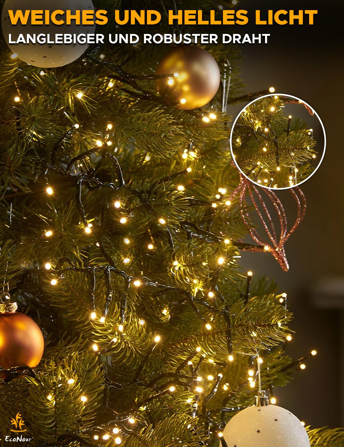 EcoNour Cluster-Lichterkette mit 2000 LEDs – 6 Stunden Leuchtdauer, 8 Lichtmodi, Netzanschluss, wasserdicht, für den Innen- und Außenbereich – 2000 LEDs / 25 m Leuchtlänge, Warmweiß
