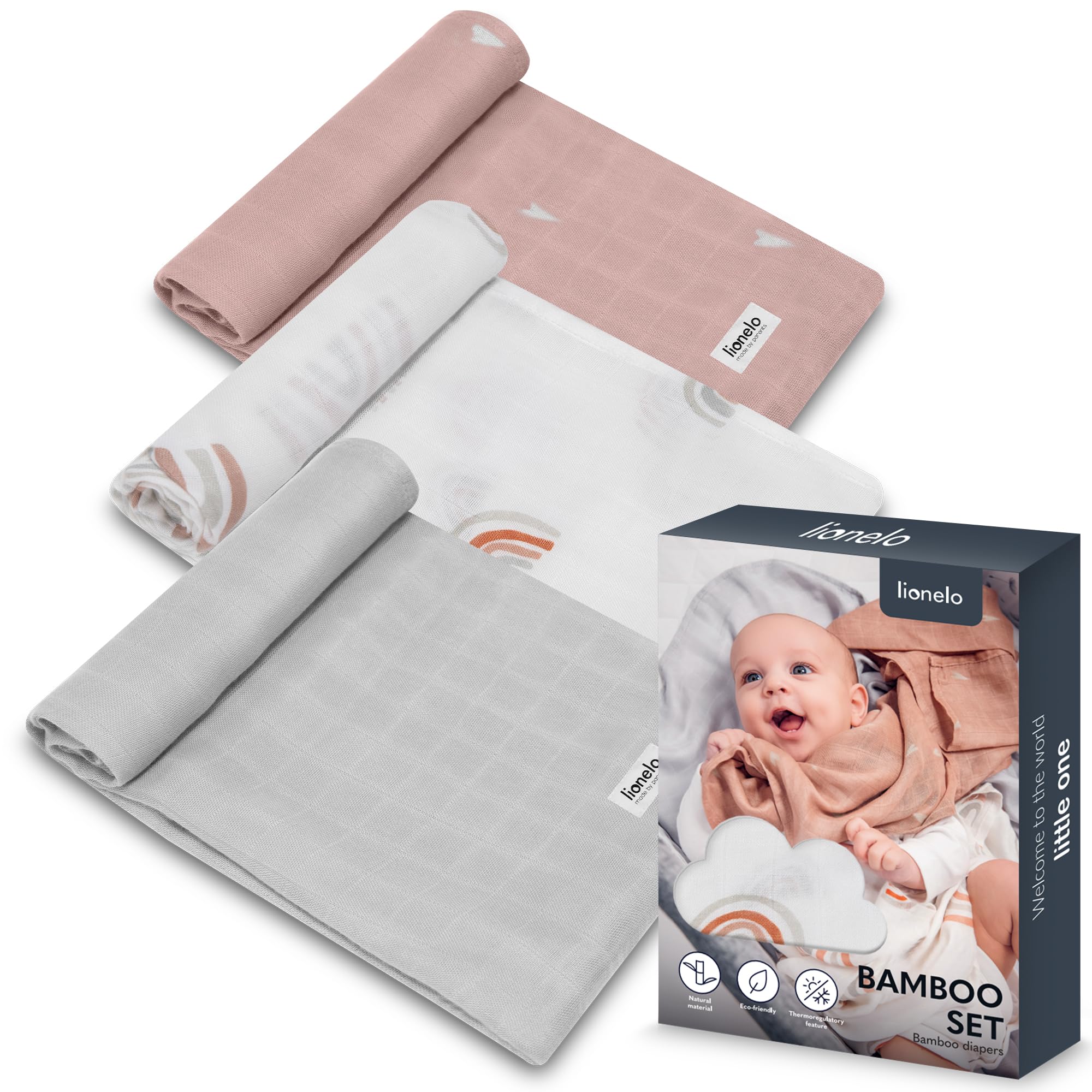 Lionelo Bamboo Set 3 Pezzi Mussole per neonato 70x70 cm in cotone bambù 100% naturale, Sicure dal primo giorno di vita, Antibatteriche Antimicotiche Ipoallergeniche Morbide Fasciatoio odori resistenti