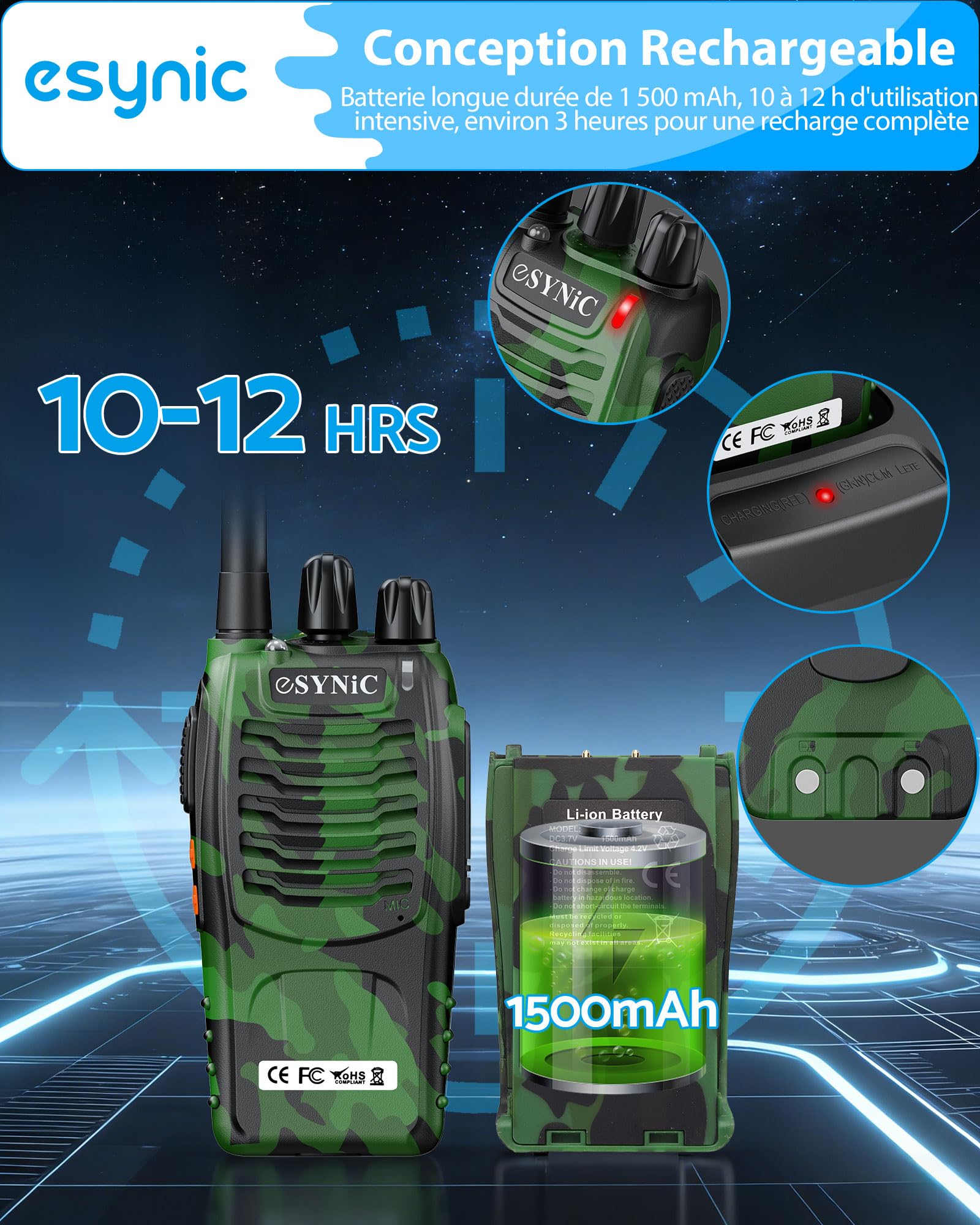 eSynic 2PCS Talkie Walkie Portable Rechargeable avec Écouteurs 16 Canaux PMR446 sans Licence Alerte Batterie Faible Batterie Rechargeable 1500 mAh Talkie Walkie Longue Portée avec Lampe Torche LED