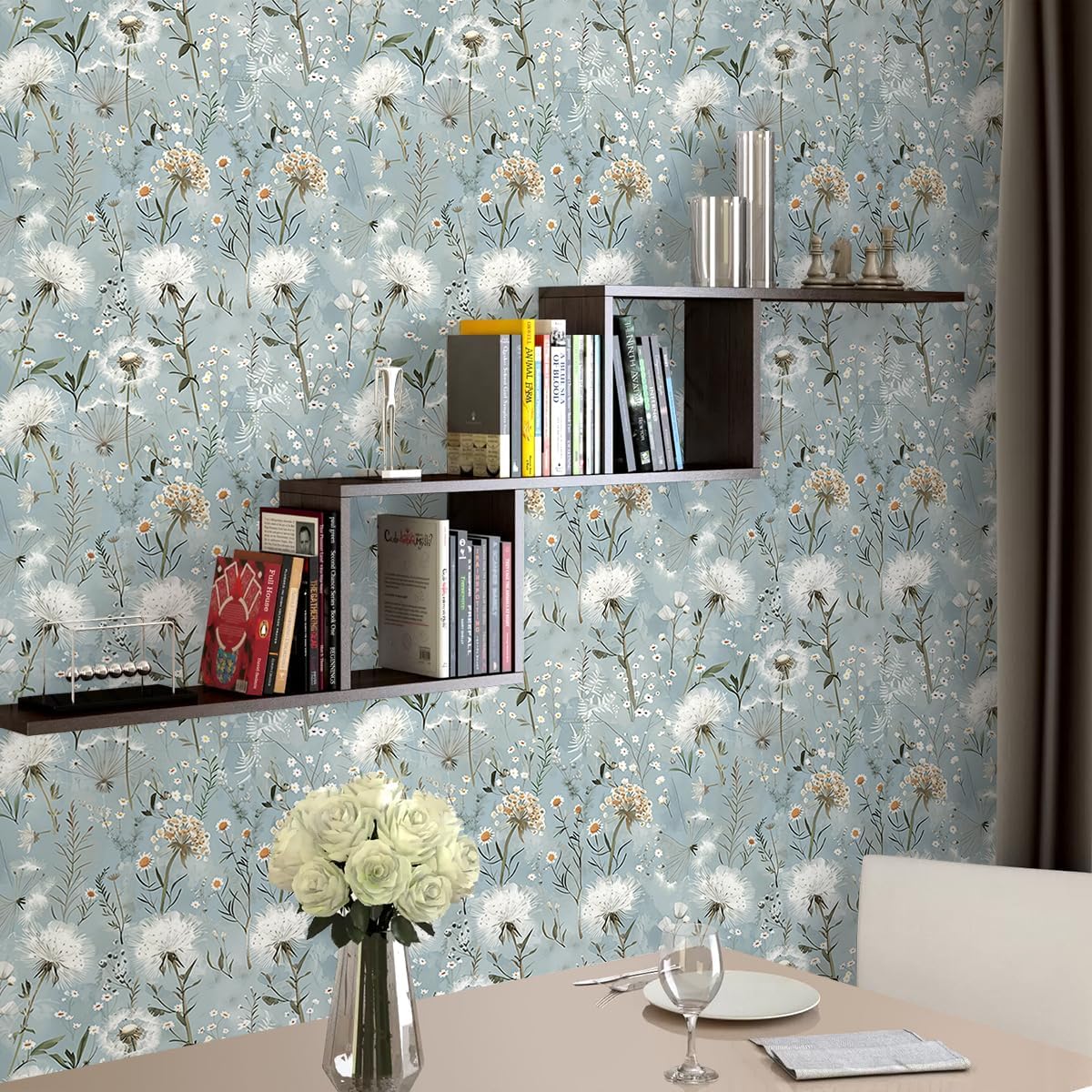 Floral Peel and Stick Wallpaper Blue Floral Contact Paper 16.9inch x 393.7inch Vintage Wallpaper Flower Self Adhesive Dandelion Decorative for Bedroom Blue Flower Removable Wall Paper