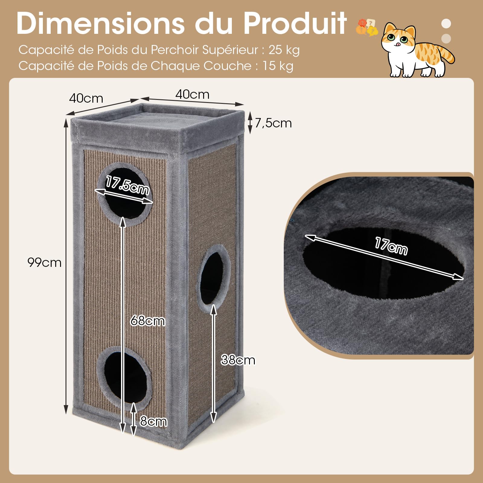 COSTWAY Maison pour Chat à 4 Étages, Tonneau Griffoir Chat, 3 Condos, 2 Planches à Griffer en Sisal, Plateformes, Tour pour Chaton, 4 Coussins Amovible, Peluche Douce, 40 × 40 × 99 cm