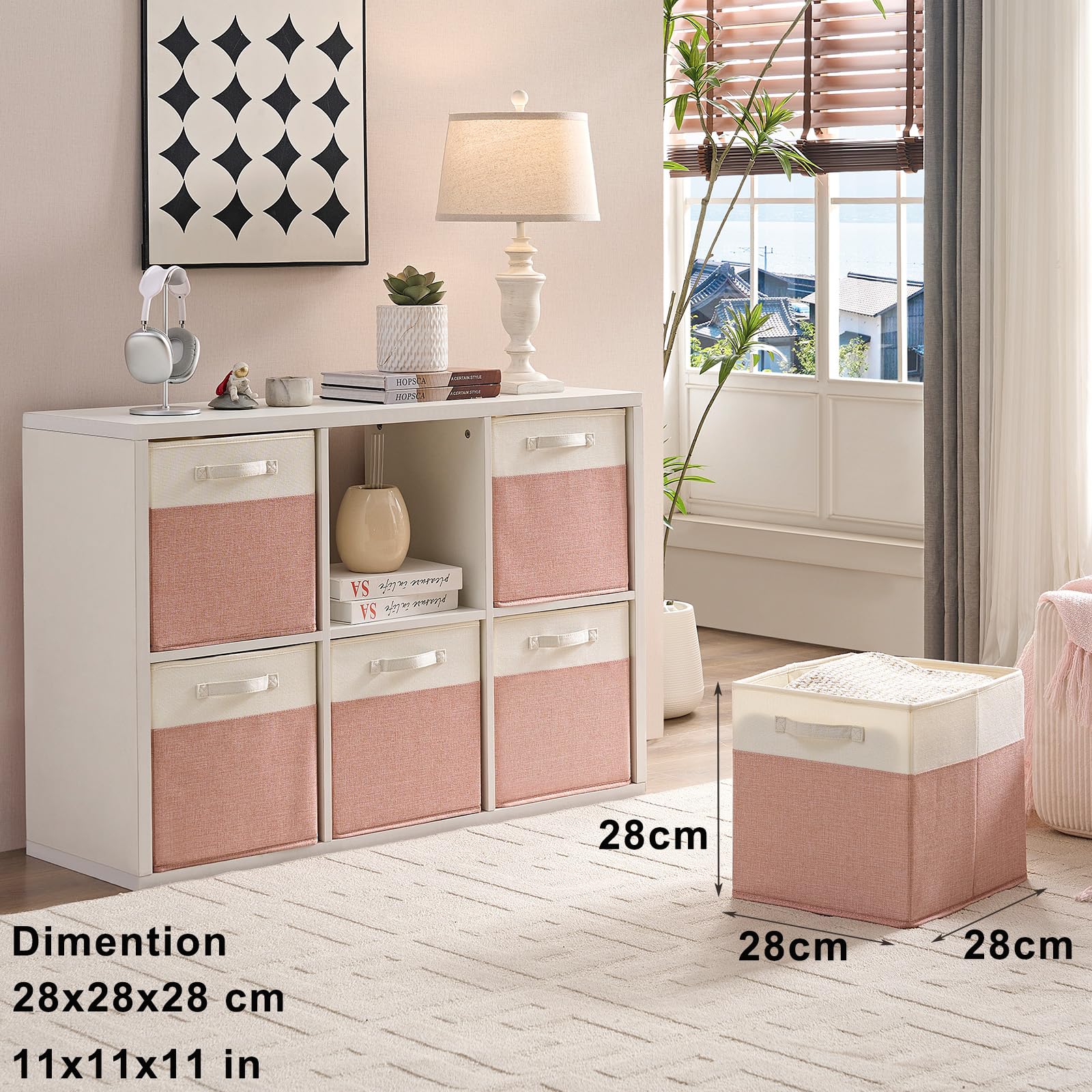 Mangata Cube Storage Boxes 28x28x28 cm, Fabric Storage Cube Baskets for Clothes Bins Baskets, Chests,Toys (Pink/Cream White, 3Pcs) - Image 4