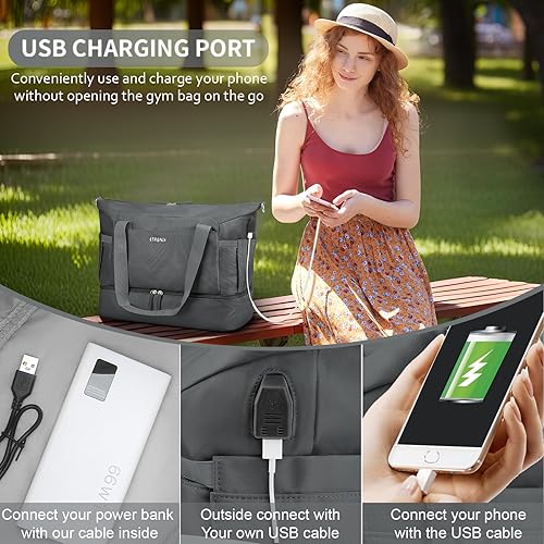 Miniatura 6 de ETRONIK Bolsa de gimnasio para mujer, bolsa de viaje para artículos personales con compartimento para zapatos, bolsa de lona para el fin de semana