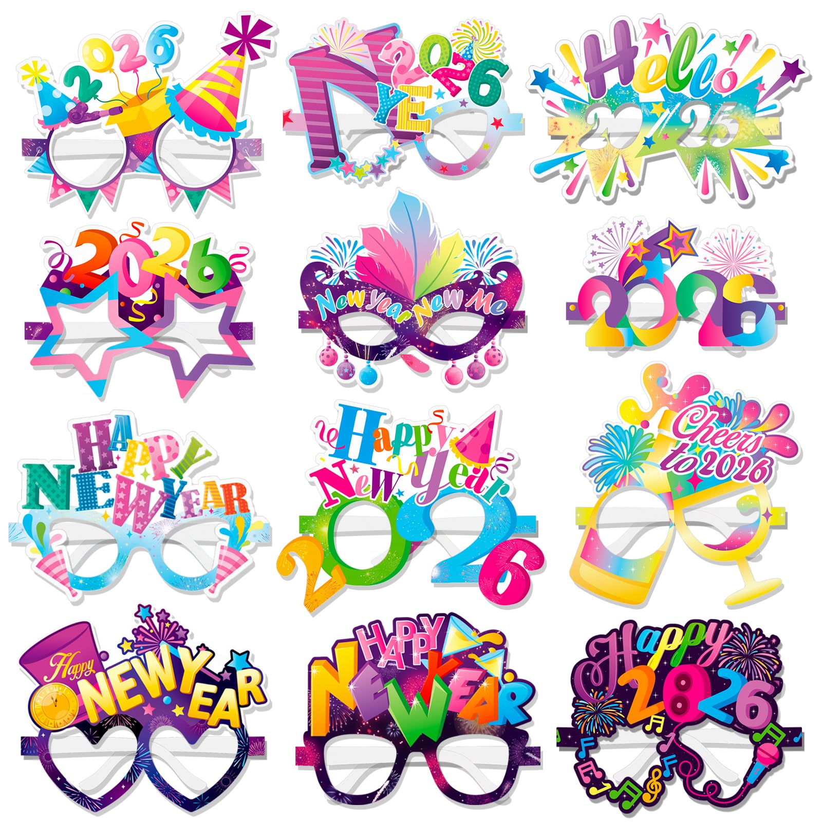 HOWAF 24pcs Colorful Happy New Year Paper Eyeglasses,New Year Paper Eyeglasses 2026 New Year Eve Party Supplies,Firework New Year Photo Booth Props Eyewear,Fancy New Year Party Glasses for 2026 NYE