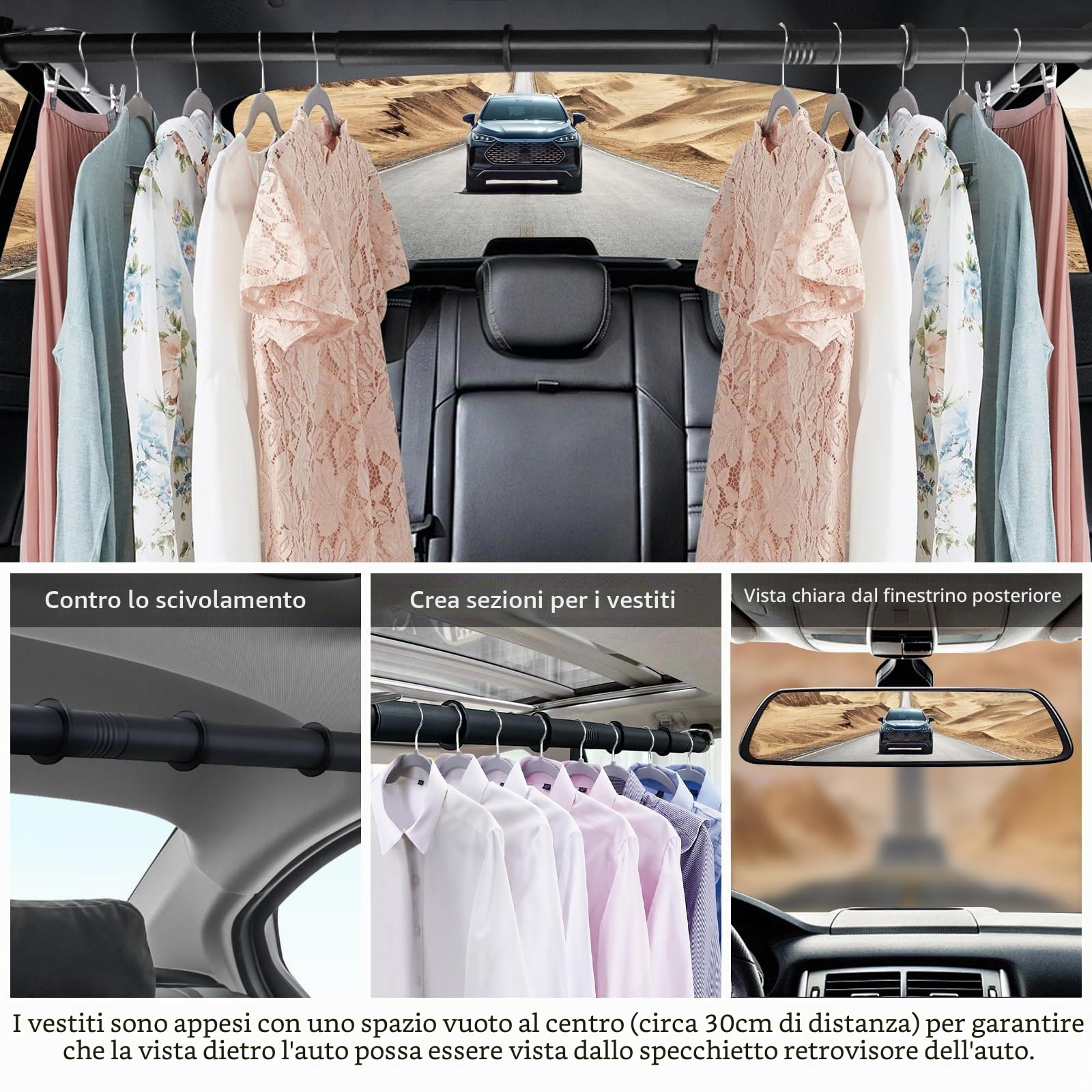 Beinhome Appendiabiti da auto ultraresistente - Lunghezza regolabile 76-160 cm, asta per indumenti da viaggio per una conservazione senza grinze