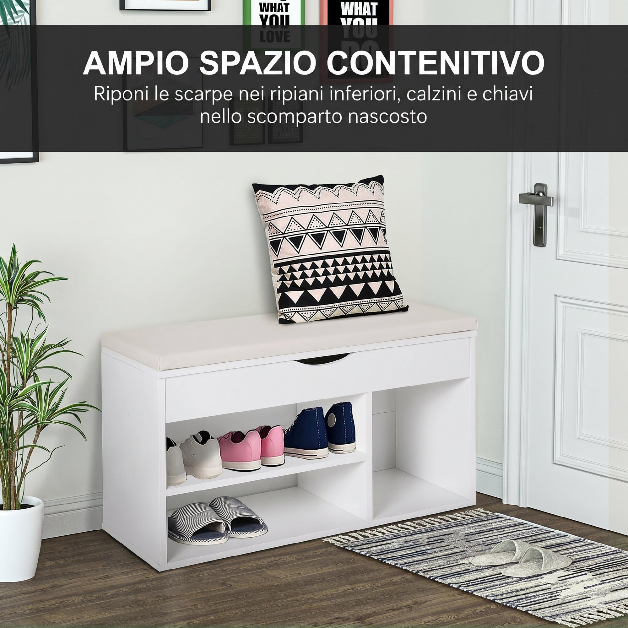 HOMCOM Panca Scarpiera da Ingresso, Scarpiera Salvaspazio Slim con Seduta Imbottita Ribaltabile e Ripiani Aperti, per Ingresso Corridoio, 80x30x47cm, Bianco