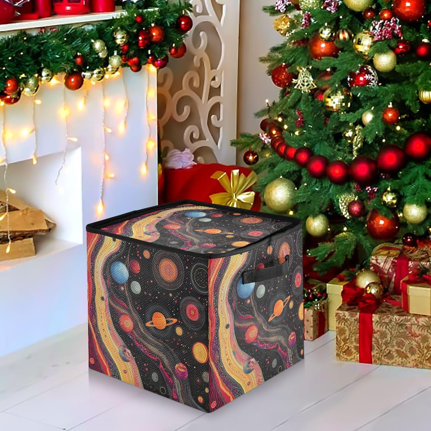 High Capacity Christmas ornament storage containers Holds Up to 64, Zippered Top Foldable Holiday Storage Case with Lid,Colorful Space Planets and Earth