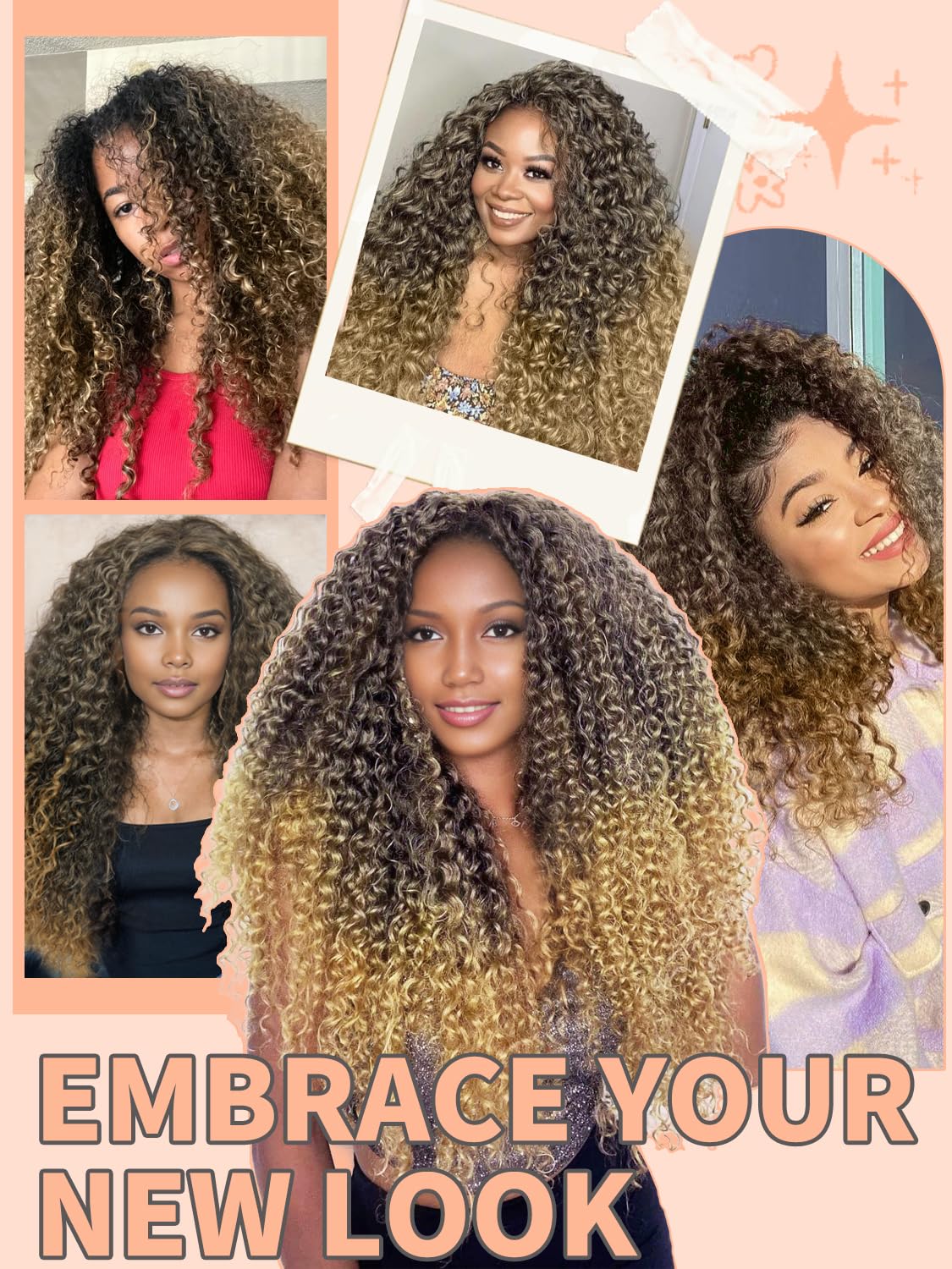 Blonde Curly Synthetic Lace Front Wig Ombre Brown Blonde Glueless Curly Wig Pre Cut 4x1 Lace Upgraded with Human Hair Feeling Fiber Long Deep Wave Curly Synthetic Wig (TBrown/Blonde-24 Inches)