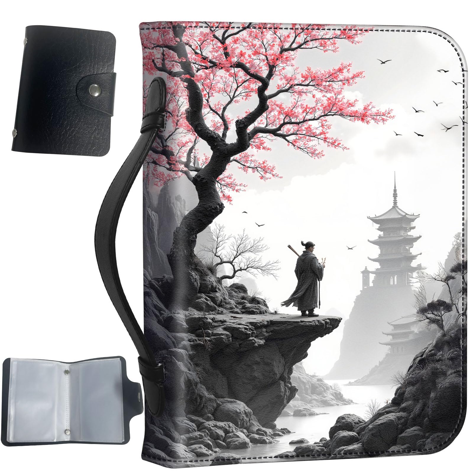 PU Leather Bible Cover with Handle & Pockets, Large Capacity Bible Case, Water-Resistant Scripture Organizer Bag with Bonus Card Holder, Christian Gift for Women & Men, Cherry Blossom Pagoda