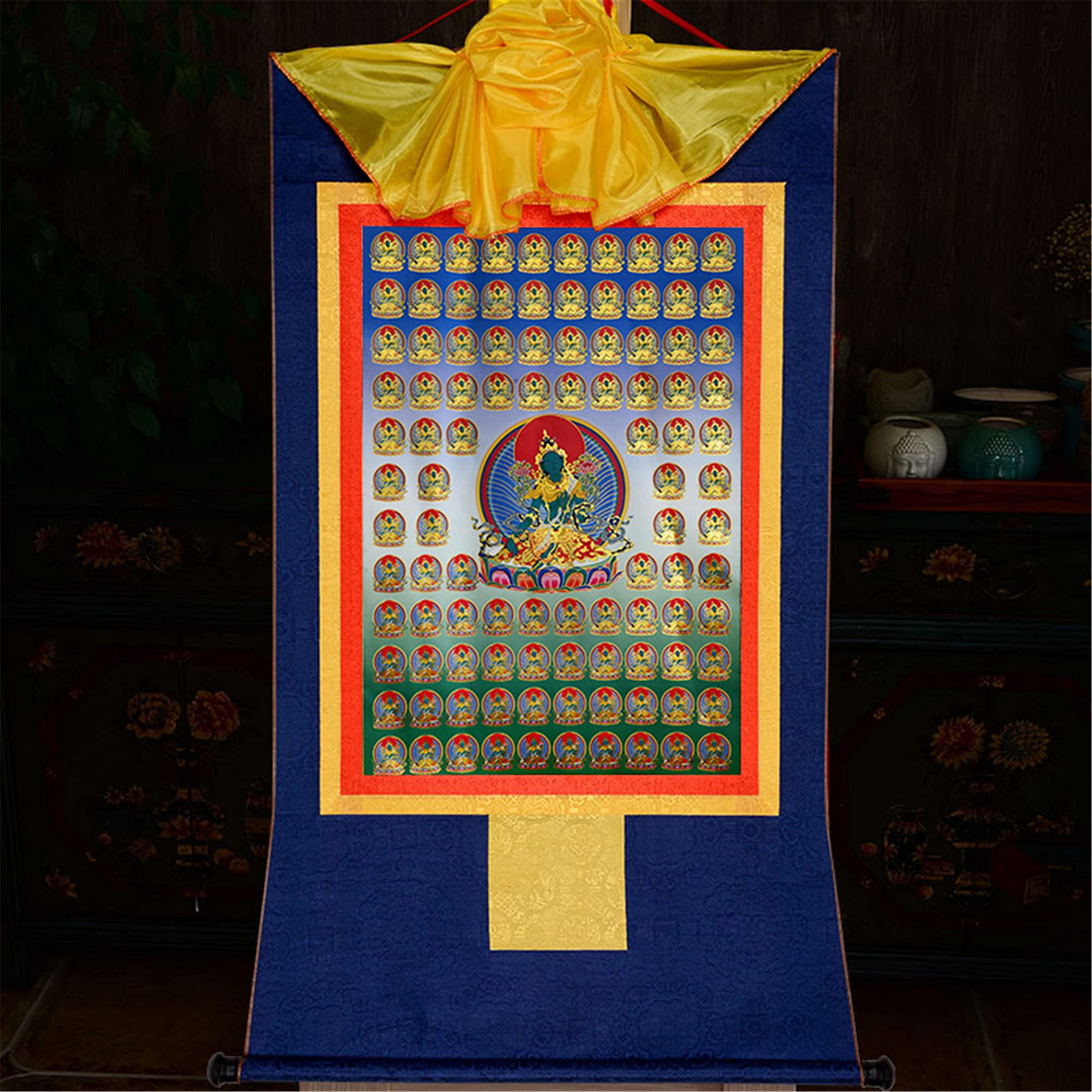 Gandhanra Thangka Tibetano - 100 Tara Verde Thangka - Arazzo di Buddha a Stampa Dorata per Decorazione Zen, Meditazione, Rilassamento Spirituale e Pace