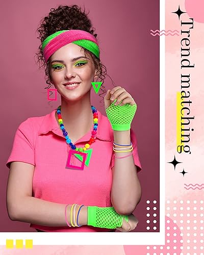 Miniatura 6 de Blulu 16 piezas de accesorios de Halloween de los años 80 para mujer, diadema de neón, calentadores de piernas, guantes de red, aretes, collar