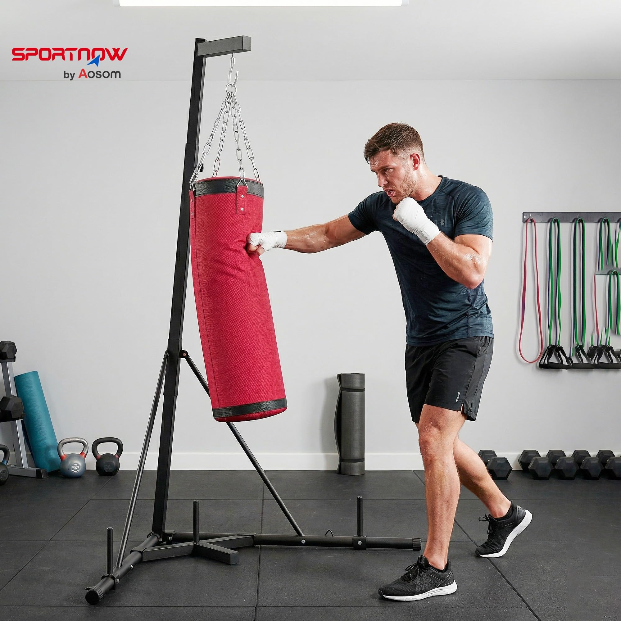 SPORTNOW Soporte para Saco de Boxeo de Pie de Acero, Soporte para Bolsa de Boxeo con Altura Ajustable 175–220 cm y 185–231 cm, Base Pesada y Bolsa de Arena, Entrenamiento para MMA, Gimnasio en Casa