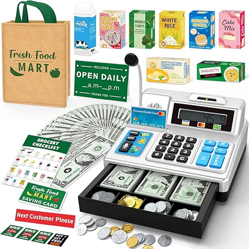 Calculator Cash Register Toy Gift for Kids Age 3, 4, 5, 6, 7, 8+ Year Old, 120 Pcs Grocery Store Playset with Toy Cash, Grocery Boxes， Microphone, Play Cash Register for Toddlers 4-8, Silvery
