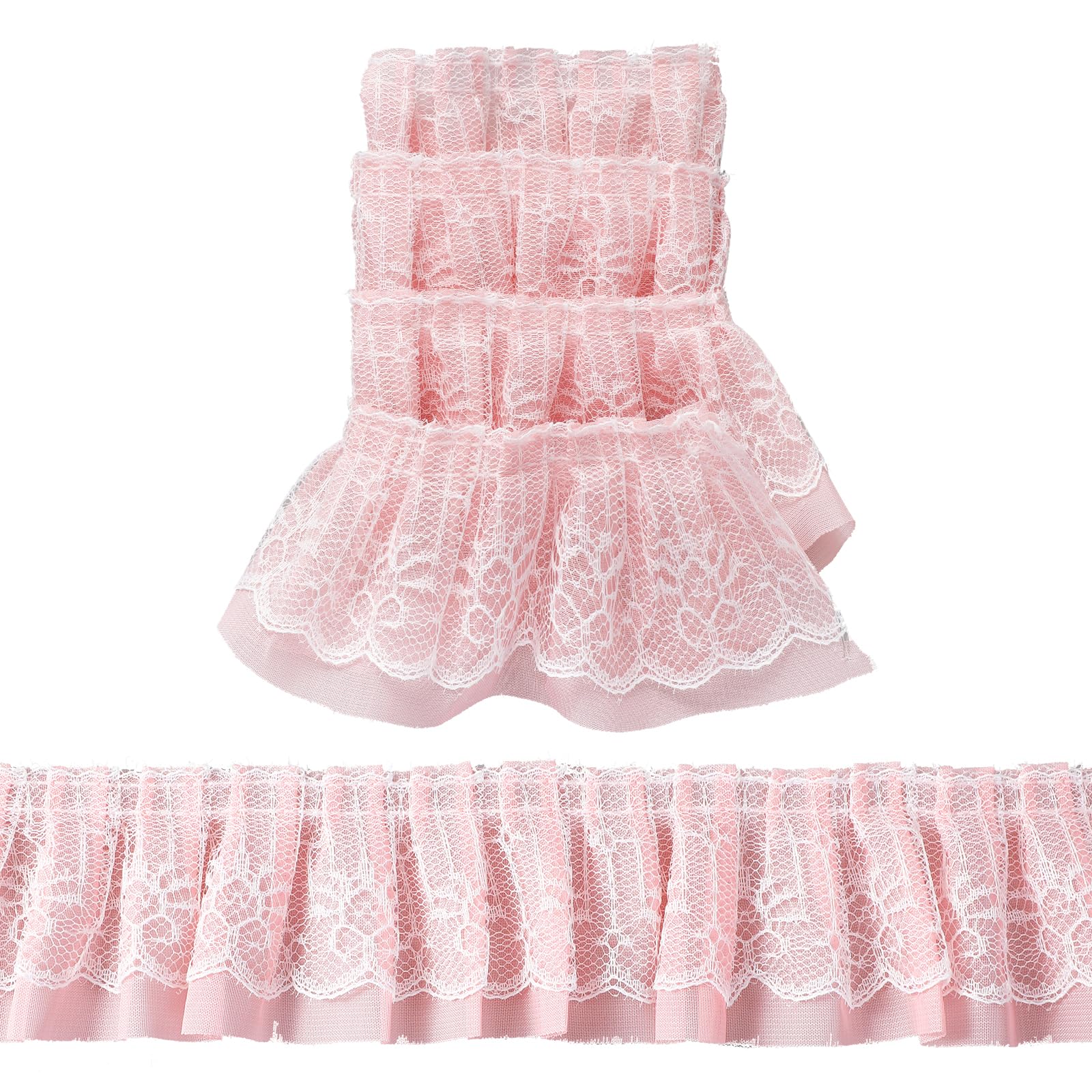 10 M Pink Lace, Double Layer 5 CM Wide Pink Lace Trim, Laces Ribbon Gathered Tulle Edging, Ruffle Ribbon for DIY Sewing Crafts Dress Embellishments, Gift Wrapping