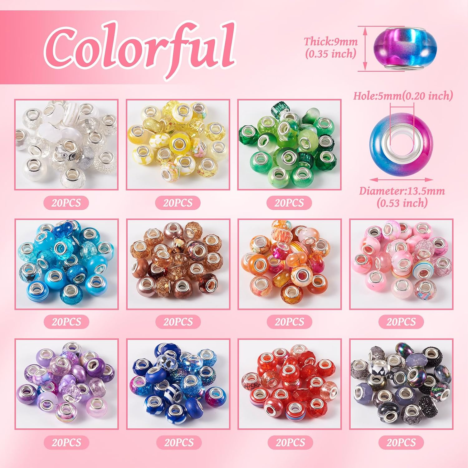 KISSITTY Large Hole Beads for Pen Making Garden Stakes 220pcs European Spacer Beads for Jewelry Making Assorted Colorful Craft Beads for Beaded Key Chains Bangle Bracelets Necklaces