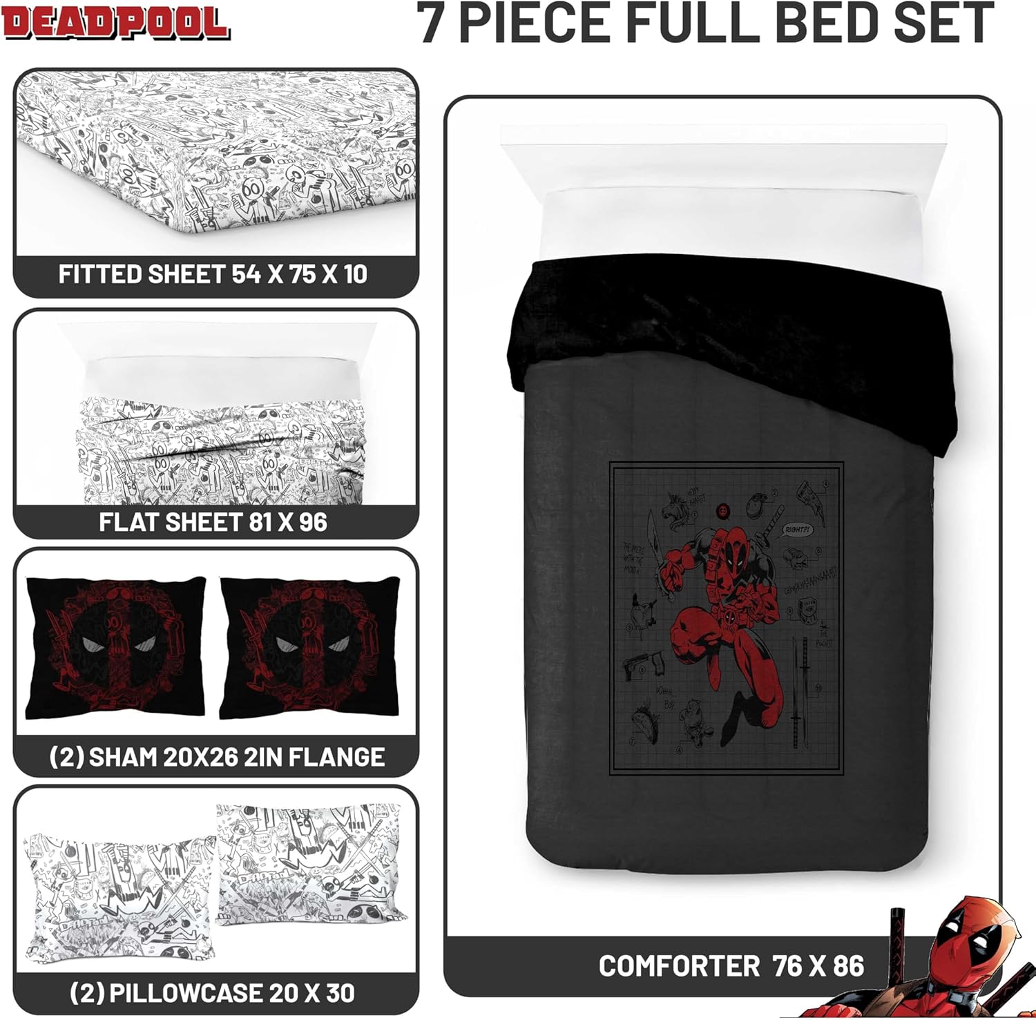 Jay Franco Marvel Deadpool Full Size Comforter Set - 7 Piece Bedding Includes Sheet Set and Pillow Covers - Gray and Red Super Soft Cozy Bedding