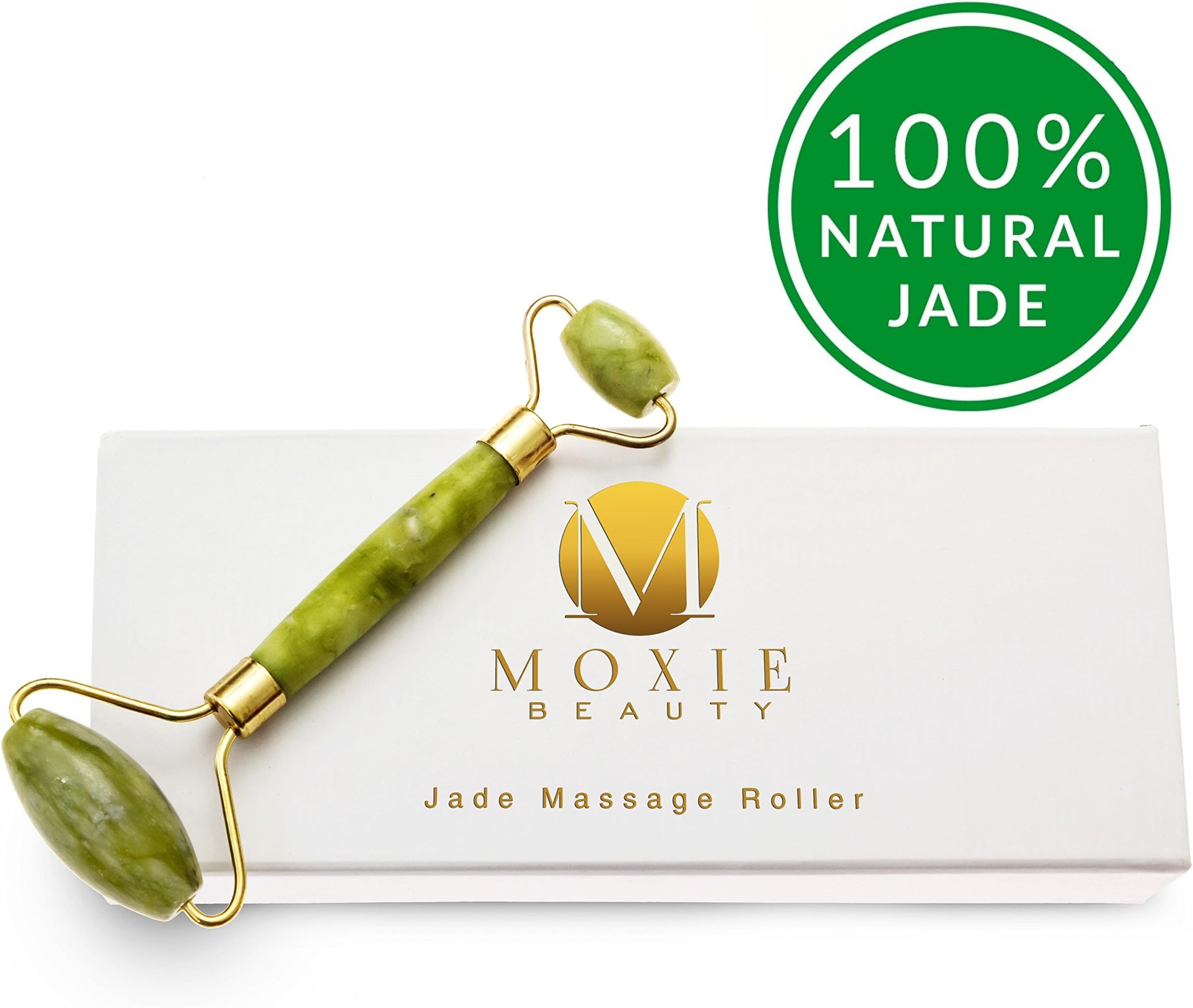 Jade Massage Roller for Face,Neck,Eyes by Moxie Beauty | Reduce Wrinkles, Fine Lines, Puffiness, Dark Circles | Premium Anti Aging Facial Therapy | 100% Natural Skin Care Tool | Includes Storage Box