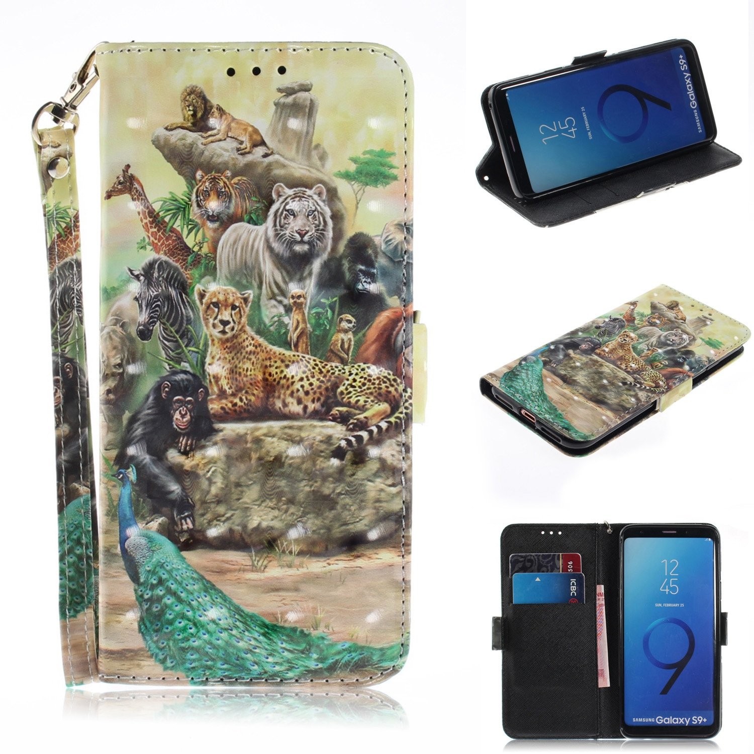 Galaxy S9 Plus Case, ZERMU 3D Painted Pattern Premium PU Leather Shockproof Kickstand Flip Folio Wallet Case with Card Holder ID Slot and Hand Strap Magnetic Closure Case for Samsung Galaxy S9 Plus