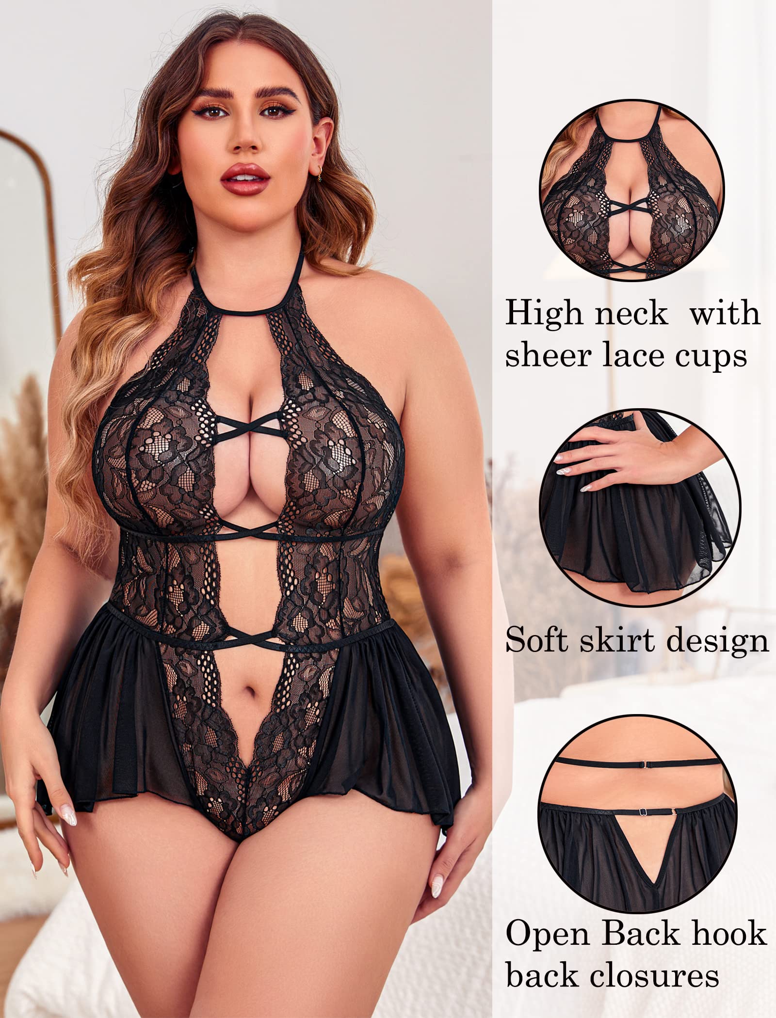 Avidlove Womens Plus Size Lingerie Lace Bodysuit Teddy Deep V One Piece Lace Babydoll: Black XX-Large