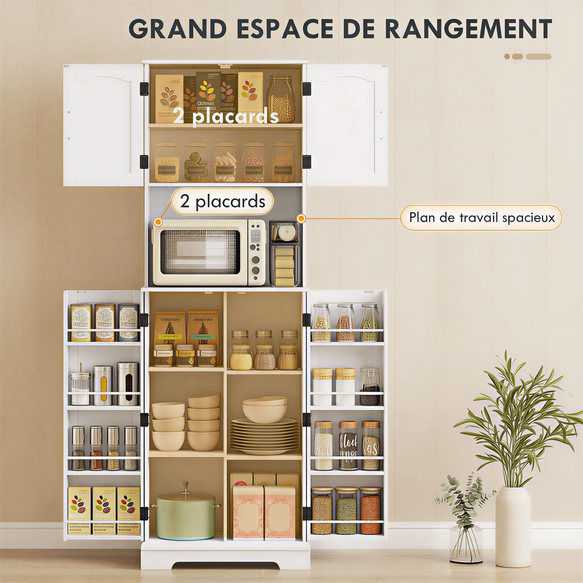 HOMCOM Credenza da cucina con 4 ante e 8 porta spezie e ripiani regolabili per soggiorno, sala da pranzo, piano di lavoro, 60 x 40 x 181,5 cm, bianco