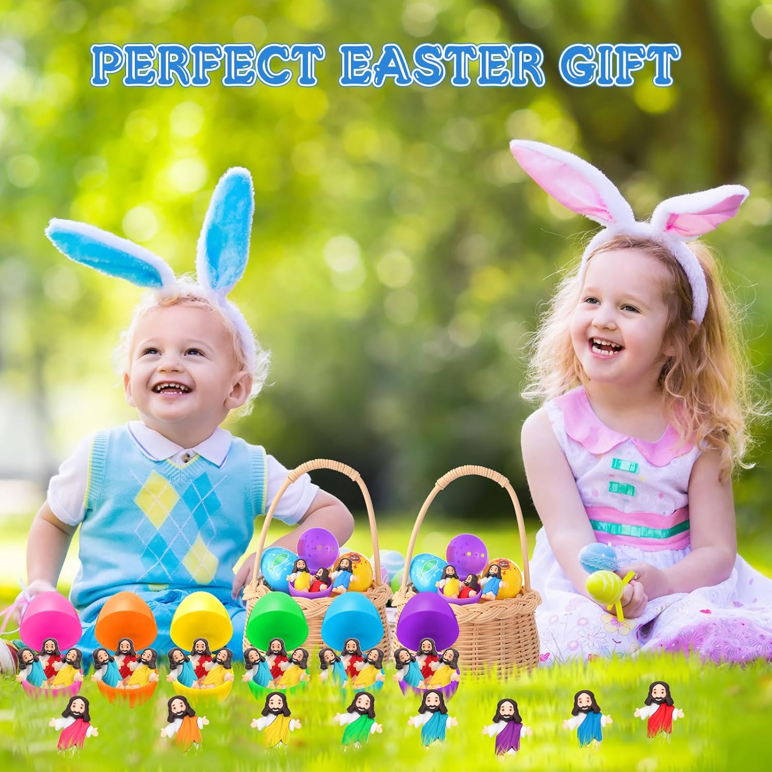 Barydat 60 Pcs Prefilled Jesus Easter Eggs with Little Religious Figurines Resin Toys Miniature Jesus Doll Gifts Eggs for Sunday School Easter Hunt Party Baptism Gift (Religious)