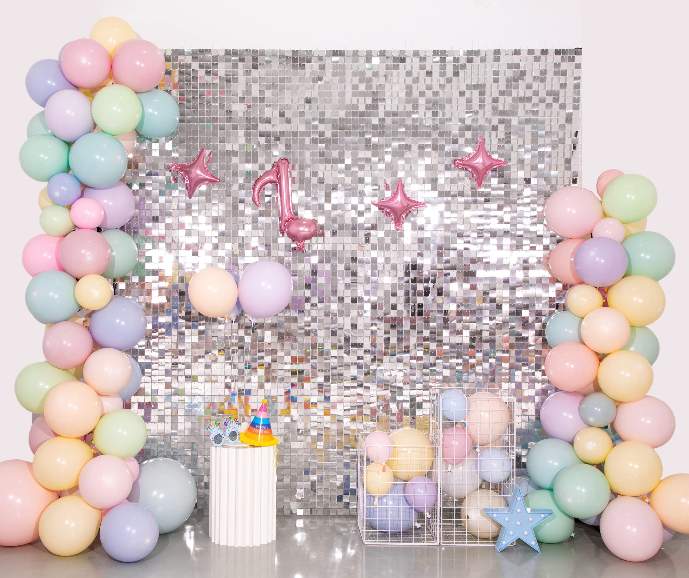 Kate Silver Shimmer Wall Backdorp Shimmer Wall Backdrop Silver Wall Panels 24Pcs Square Sequin Shimmer Wall Backdrop Decoration for Birthday Party,Wedding, Anniversary