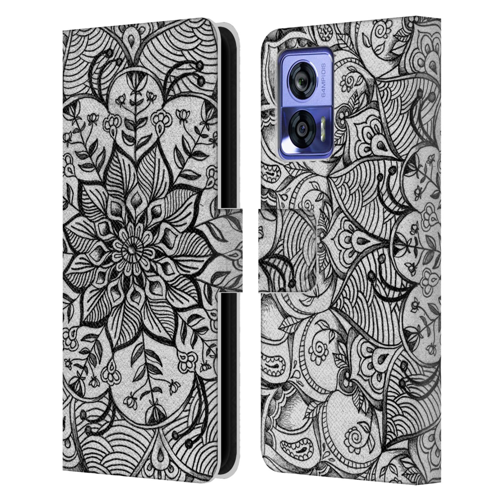 Head Case Designs Officially Licensed Micklyn Le Feuvre Shades of Grey Mandala 3 Leather Book Wallet Case Cover Compatible with Motorola Edge 30 Neo 5G