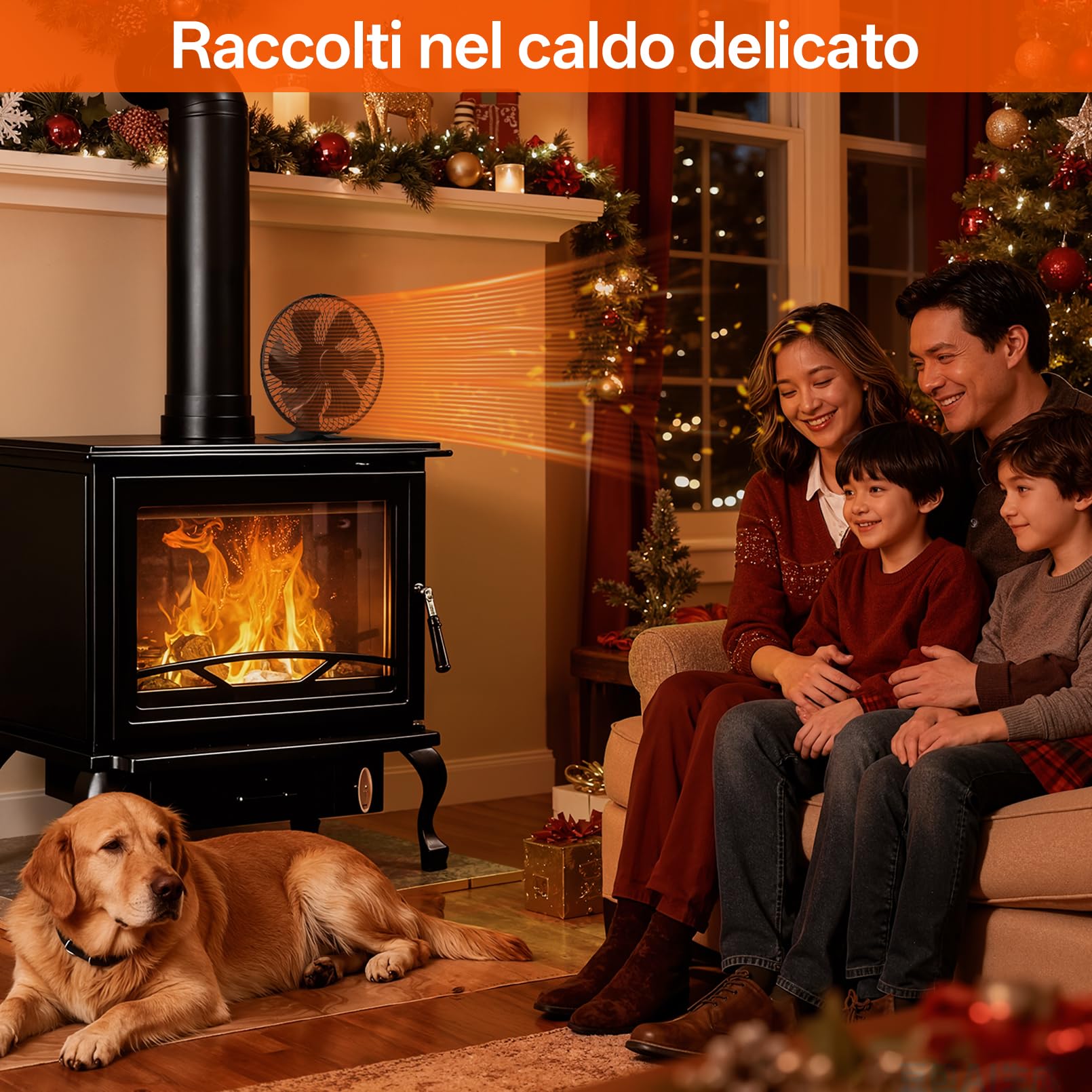 JossaColar Ventilatore per stufa con griglia di protezione, con 6 lame, per camino, per canna fumaria, senza corrente, con termometro magnetico