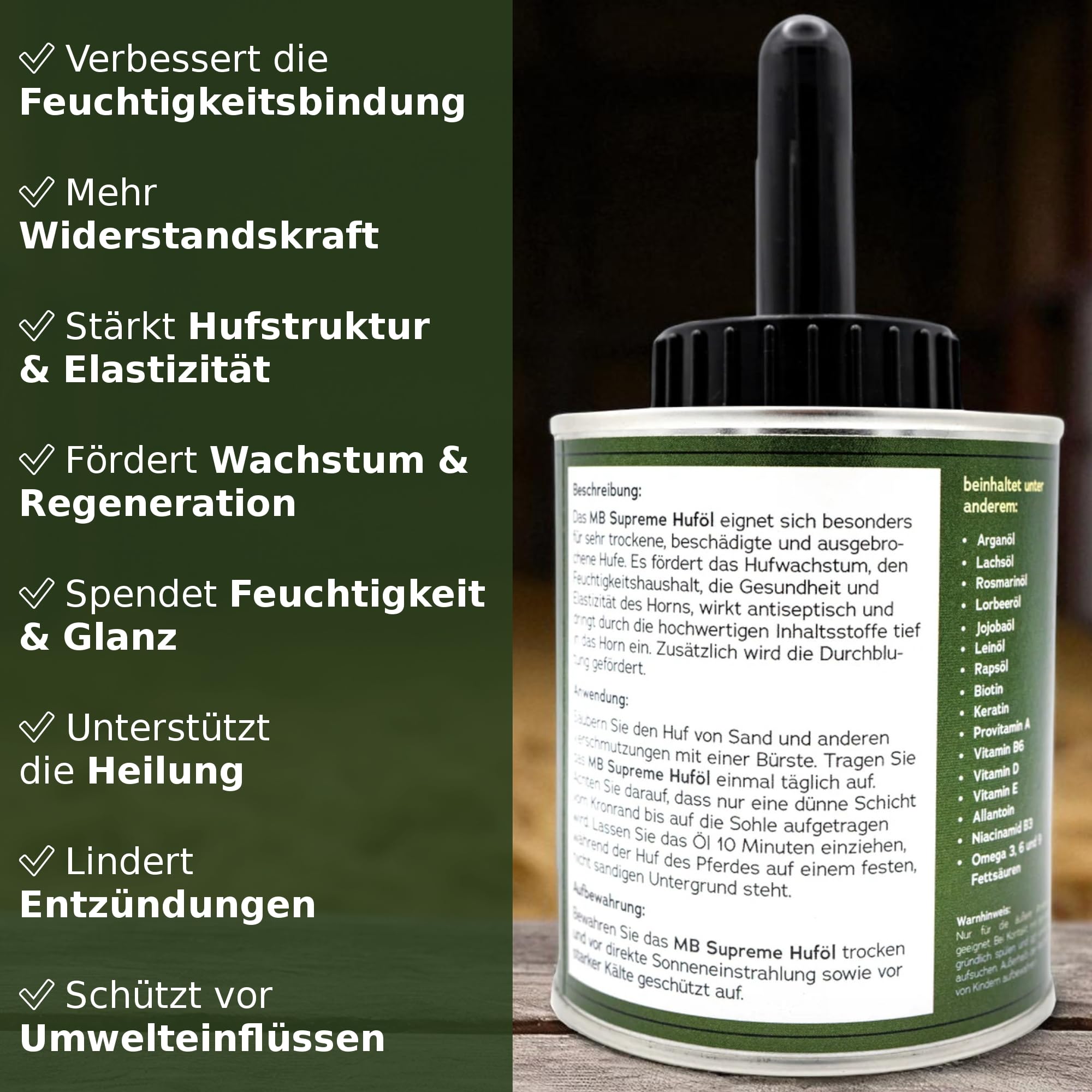 Supreme Huföl Care & Repair, Keratin Biotin Luxus Huföl für Pferde, Pferdeöl Pflegeöl Pferdepflege Hufpflege Hufgesundheit, mit Arganöl Jojobaöl Lorbeeröl Lachsöl Leinöl und mehr