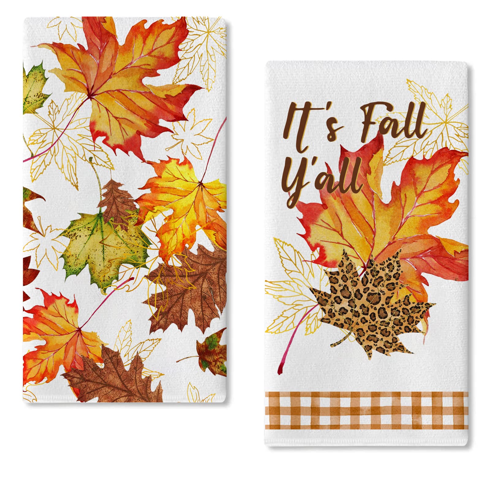 Seliem It’s Fall Y’All Maple Leaves Kitchen Dish Towel Set of 2, Watercolor Thanksgiving Leopard Leaf Fingertip Towel Hand Drying Baking Cooking Cloth