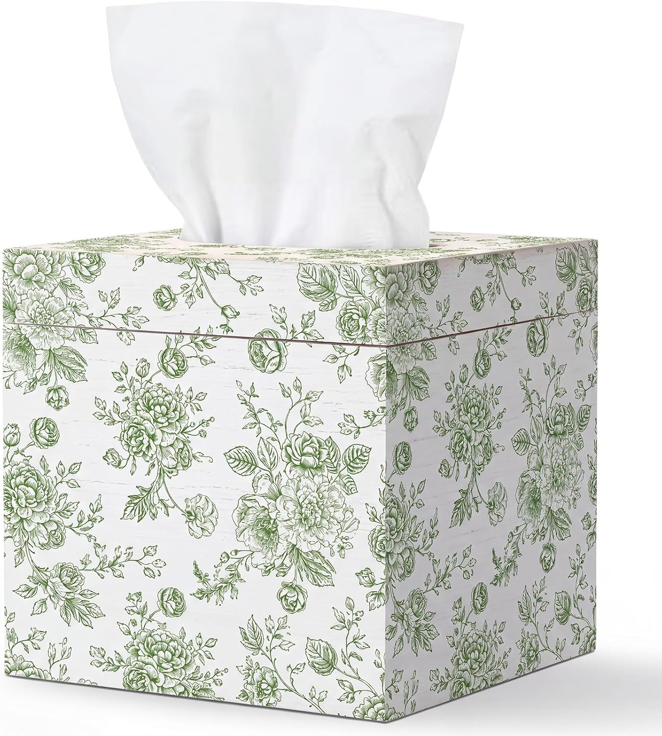 GlikCeil French Toile Tissue Box Cover 6 Inch, Sage Green, Romantic
